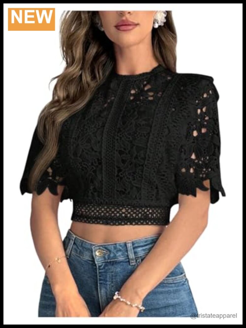 Women's Floral Lace Trim Cropped Blouse Mock Neck Short Sleeve Sheer Top